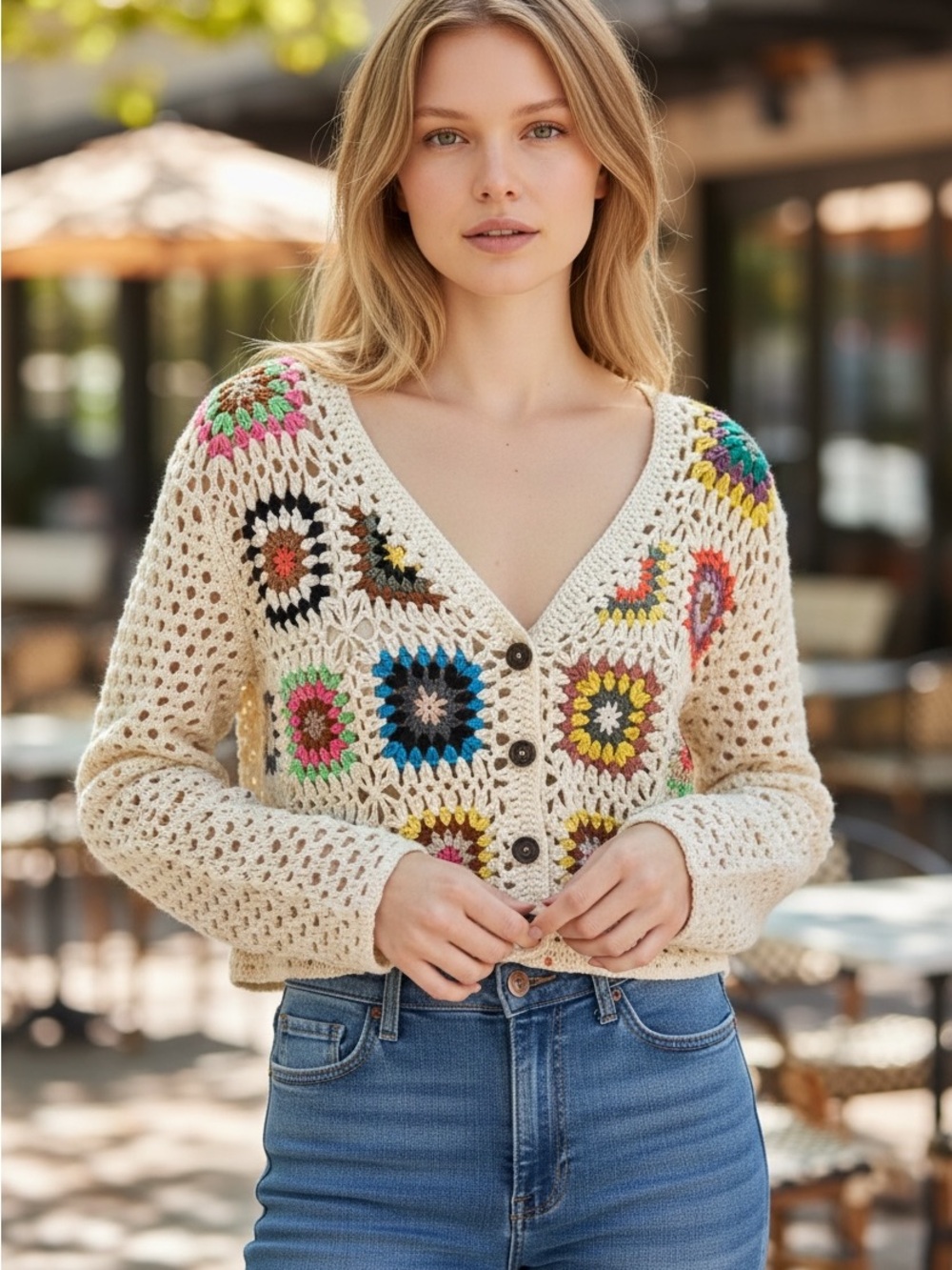 Debut- Crochet Patchwork V-Neck Button Cardigan Sweater